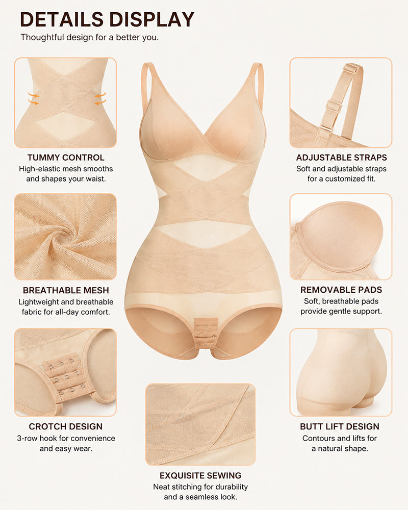Deep V Cross Mesh Breathable Tummy-control Bodysuit Shapewear