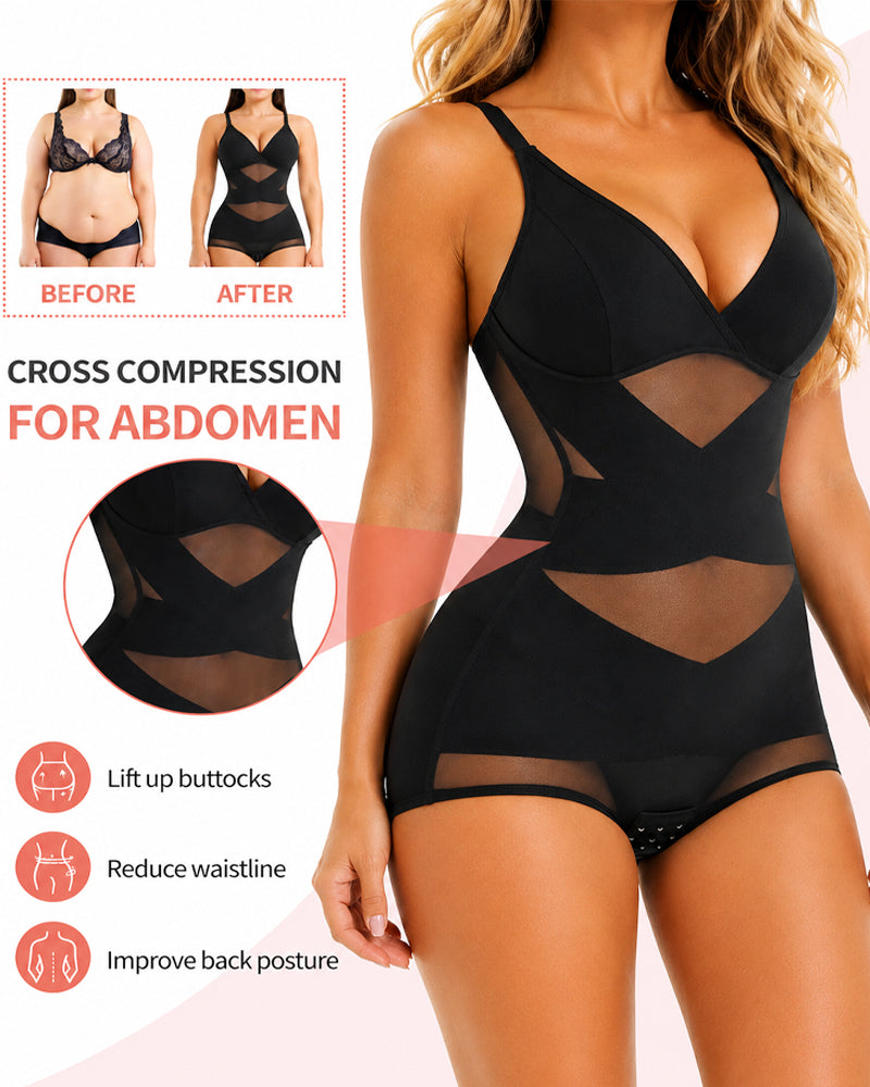 Deep V Cross Mesh Breathable Tummy-control Bodysuit Shapewear