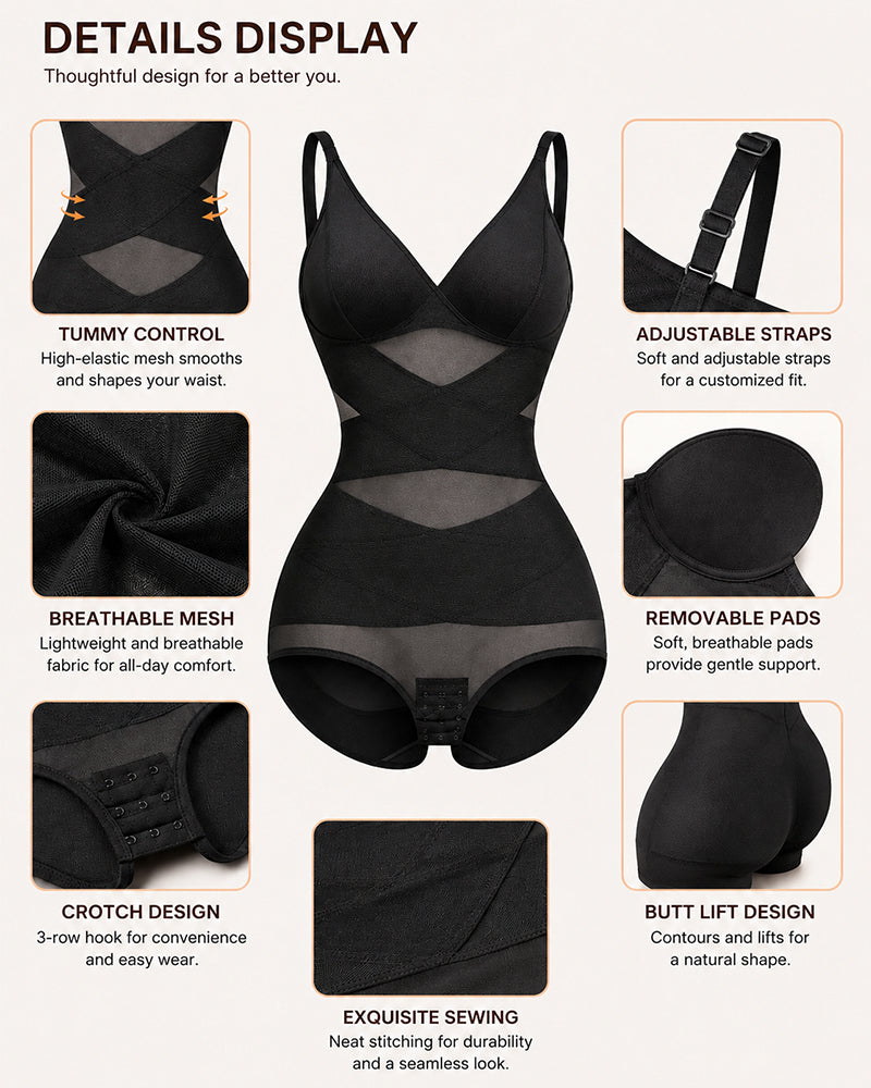 Deep V Cross Mesh Breathable Tummy-control Bodysuit Shapewear