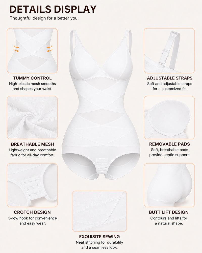 Deep V Cross Mesh Breathable Tummy-control Bodysuit Shapewear