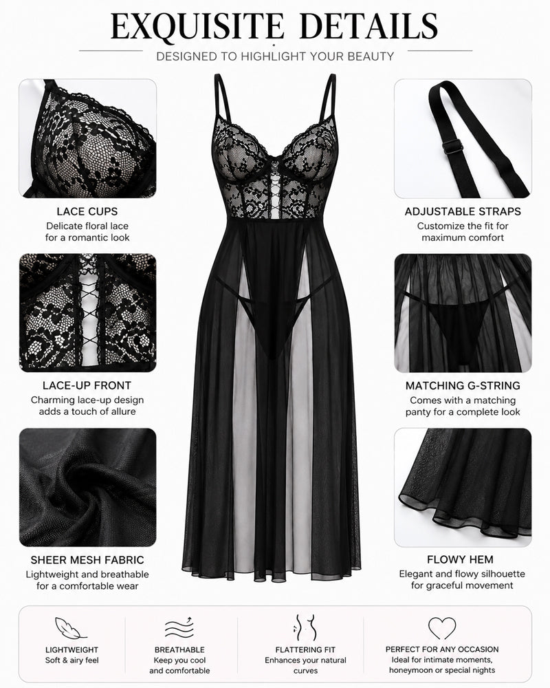 Deep V Lace See-through Mesh High Slit Long Nightgown