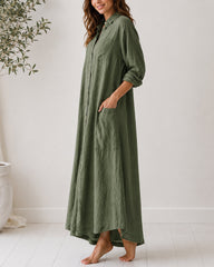 Casual Linen Button-down Long Sleeve Wide-leg Jumpsuit