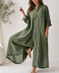 Casual Linen Button-down Long Sleeve Wide-leg Jumpsuit