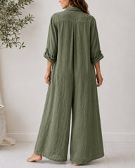 Casual Linen Button-down Long Sleeve Wide-leg Jumpsuit