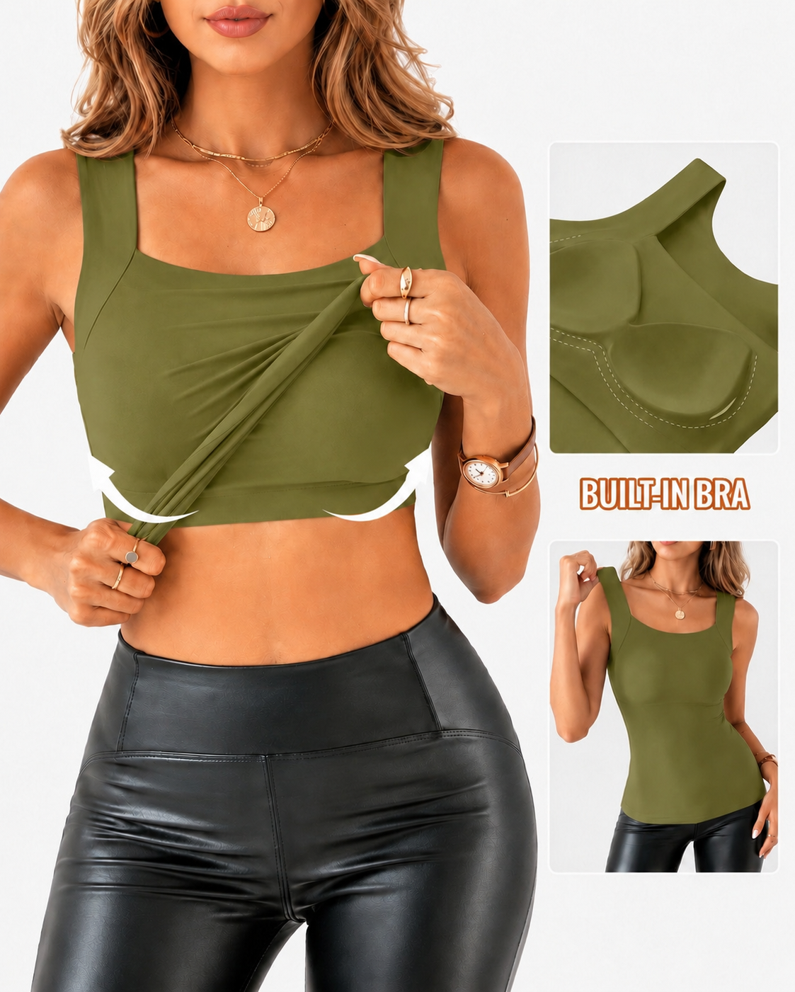 High Strechy Seamless U Neck Built-in Bra Tank Tops