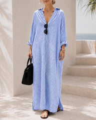 Casual Loose Striped Cotton Collared Long Sleeve Button-down Long Dress