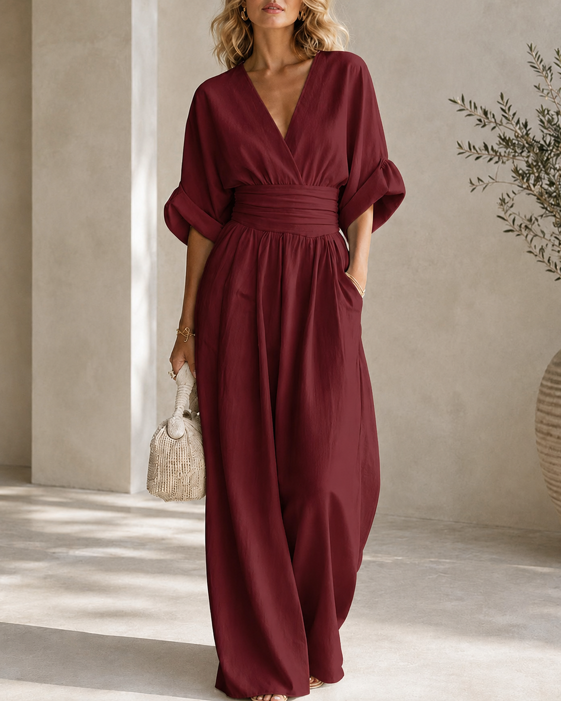Casual Deep V Waist-cinching Wide-leg Jumpsuit