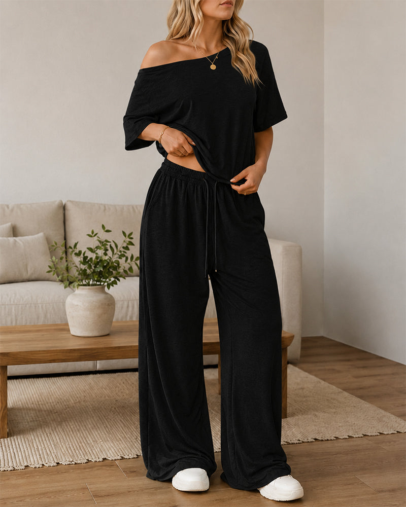 Casual Loose Off-shoulder Top and Wide-leg Pants Set