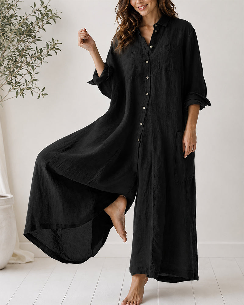 Casual Linen Button-down Long Sleeve Wide-leg Jumpsuit