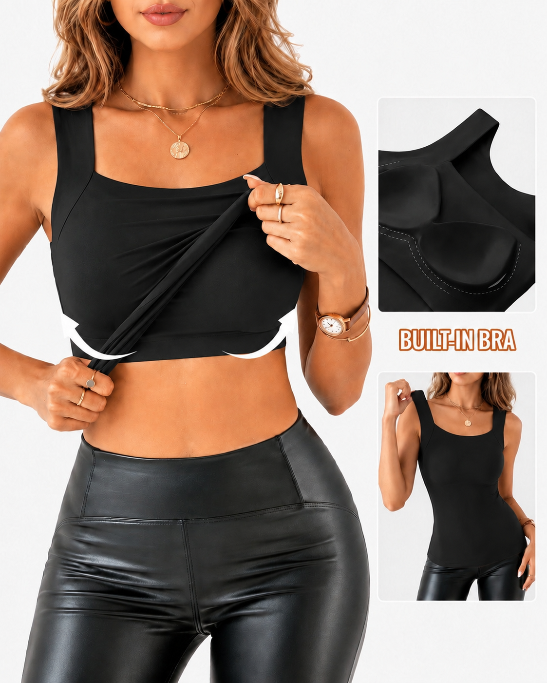 High Strechy Seamless U Neck Built-in Bra Tank Tops
