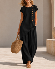 Casual Loose Button-down Short Sleeve Top and Wide-leg Pants Set