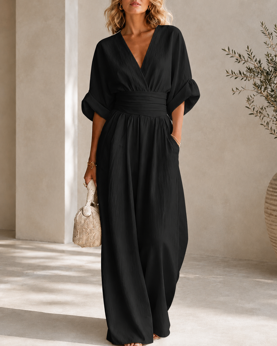 Casual Deep V Waist-cinching Wide-leg Jumpsuit