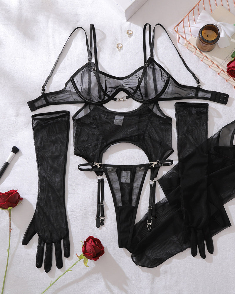 See-through Mesh with Stockings Shapewear Lingerie Set
