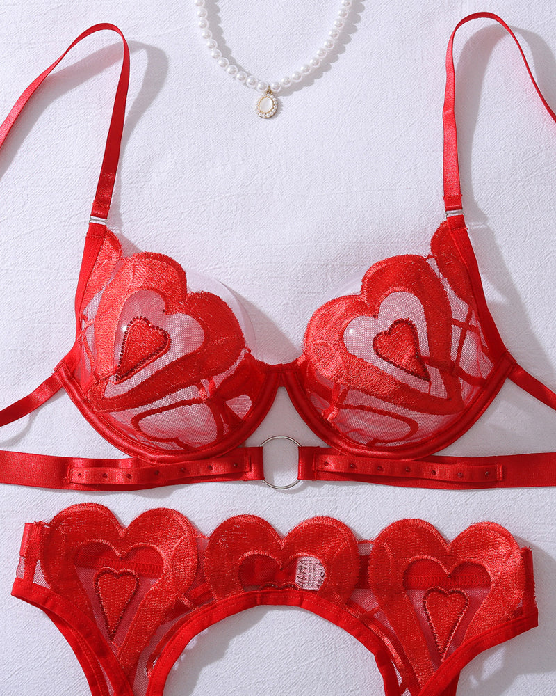 See-through Heart Embroidery Push-up Lingerie Set