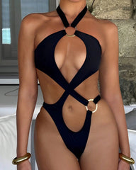 Halter Neck Backless O-ring Cutout One-piece Swimsuit
