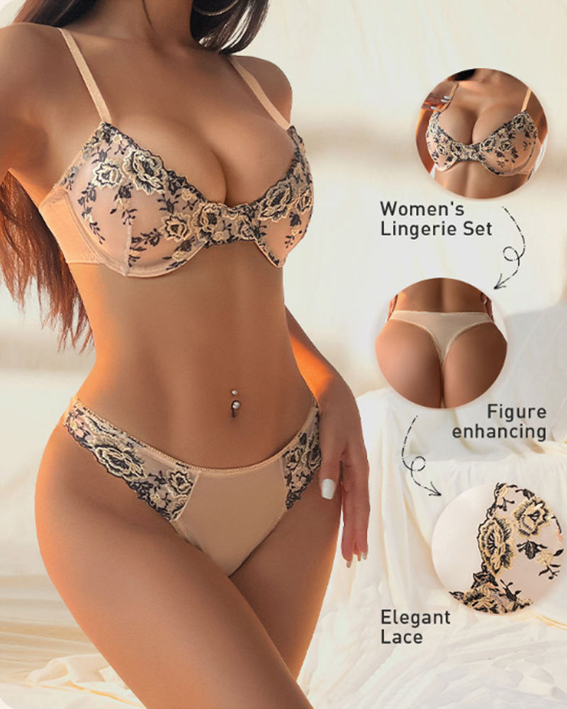 French-style Ultra-thin Push-up Floral Embroidered Mesh See-through Lingerie Set