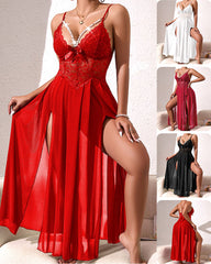 Lace Deep V Pearl Embellished See-through High Slit Long Slip Nightgowns