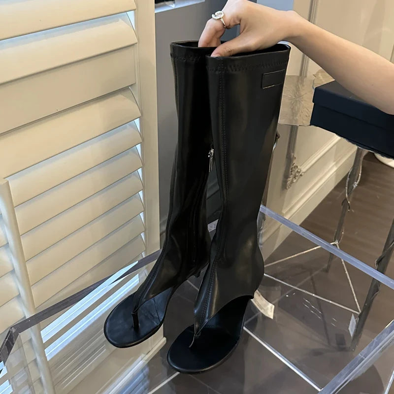 Eilyken Clip Toe Low Heels Knee High Boot Sandals Woman Zipper Banquet Summer Shoes