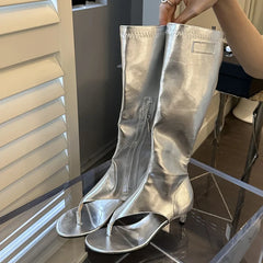 Eilyken Clip Toe Low Heels Knee High Boot Sandals Woman Zipper Banquet Summer Shoes