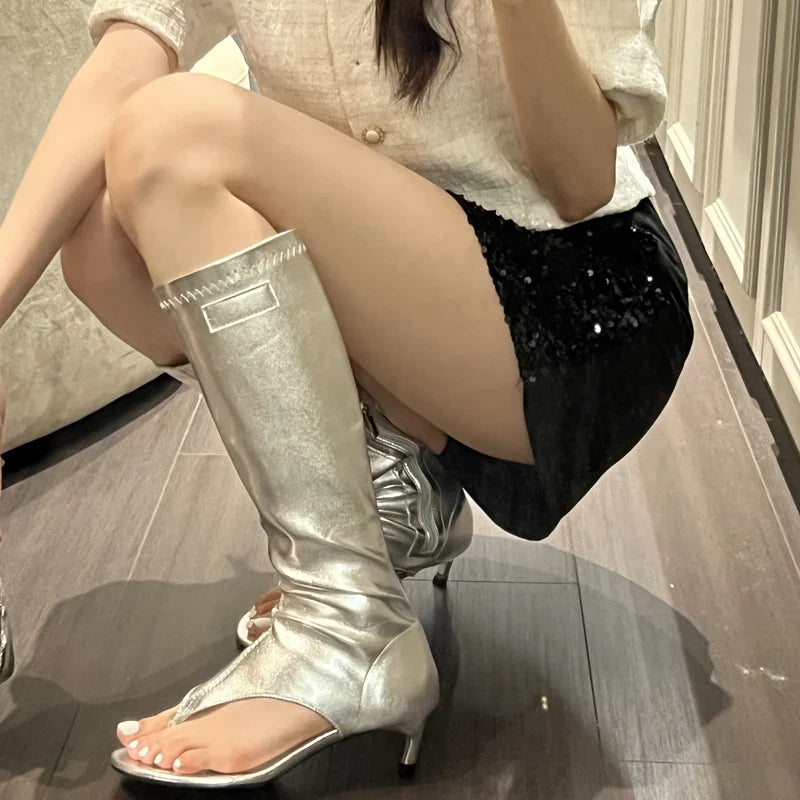Eilyken Clip Toe Low Heels Knee High Boot Sandals Woman Zipper Banquet Summer Shoes
