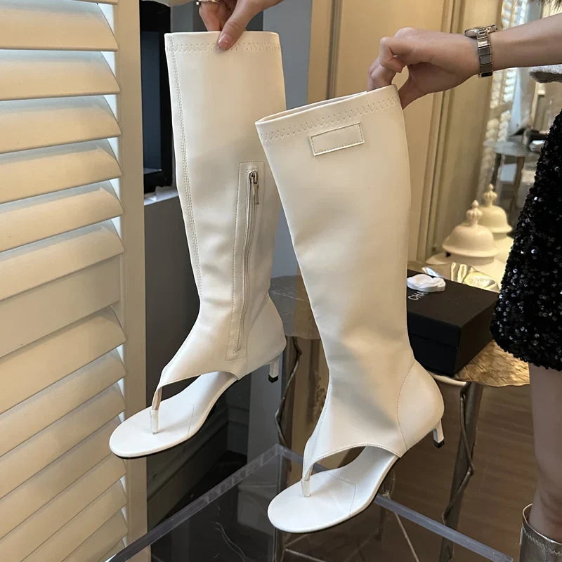 Eilyken Clip Toe Low Heels Knee High Boot Sandals Woman Zipper Banquet Summer Shoes