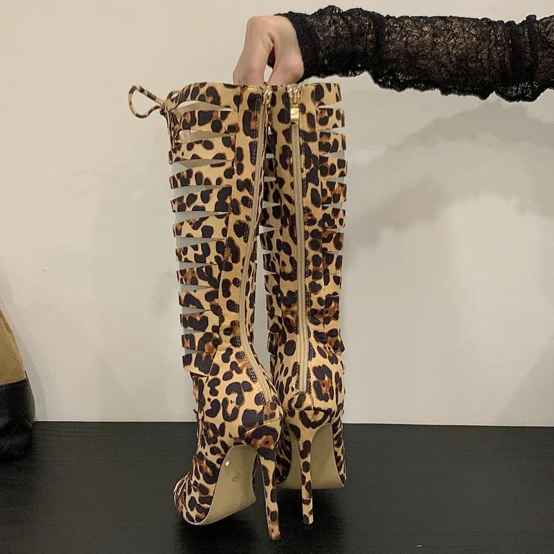 Eilyken Design Style Leopard Print Narrow Band Women Knee-High Boots