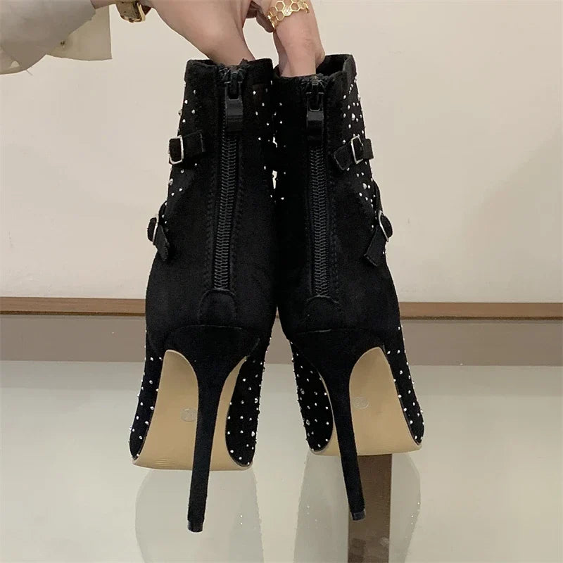 Eilyken Crystal Buckle Strap Pointed ToeAnkle Boots