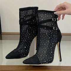 Eilyken Crystal Buckle Strap Pointed ToeAnkle Boots