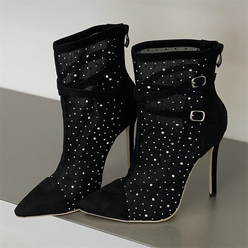 Eilyken Crystal Buckle Strap Pointed ToeAnkle Boots
