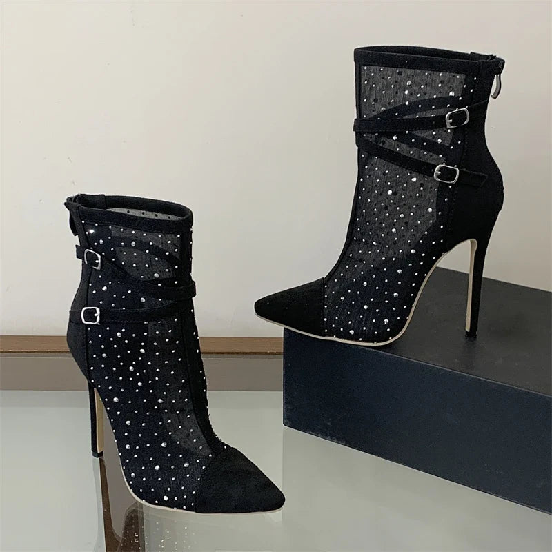Eilyken Crystal Buckle Strap Pointed ToeAnkle Boots
