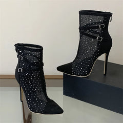 Eilyken Crystal Buckle Strap Pointed ToeAnkle Boots