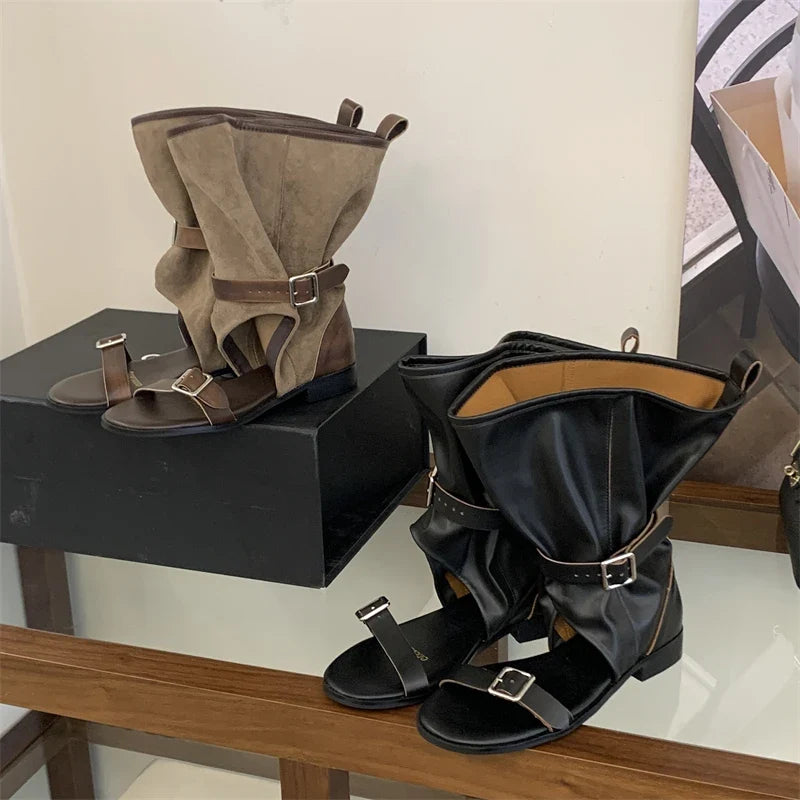 Eilyken Open Toe Buckle Strap Ankle Boots