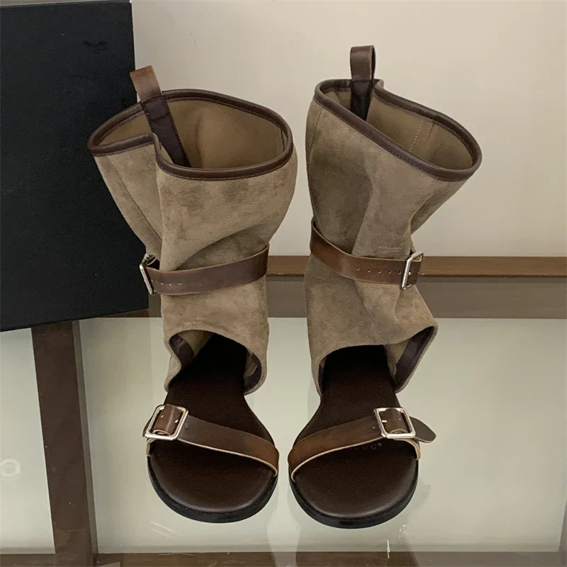 Eilyken Open Toe Buckle Strap Ankle Boots