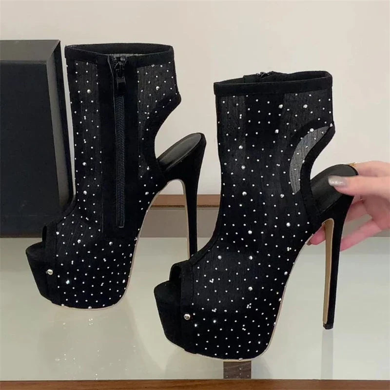 Eilyken Slingback Crystal Peep Toe Women Ankle Boots