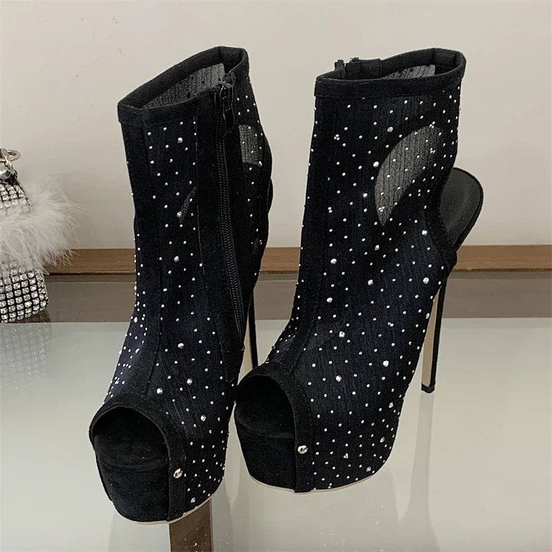 Eilyken Slingback Crystal Peep Toe Women Ankle Boots