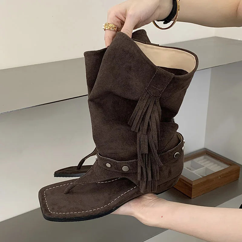 Eilyken Tassel Rivet Square Clip Toe WomenAnkle Boots