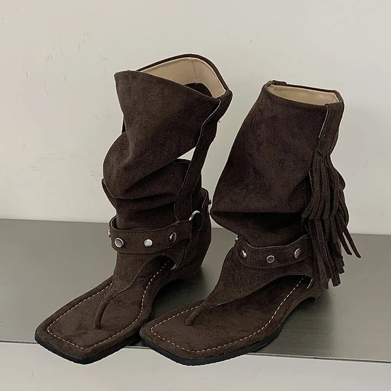 Eilyken Tassel Rivet Square Clip Toe WomenAnkle Boots