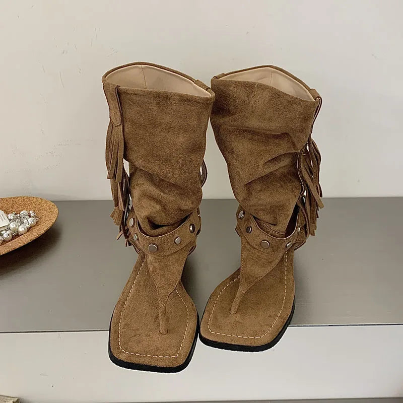 Eilyken Tassel Rivet Square Clip Toe WomenAnkle Boots