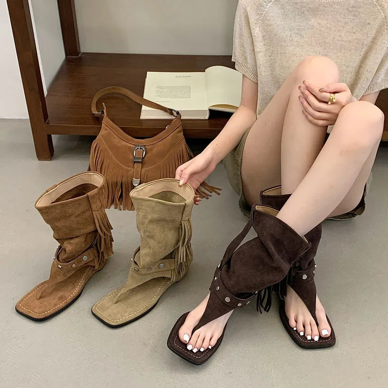 Eilyken Tassel Rivet Square Clip Toe WomenAnkle Boots