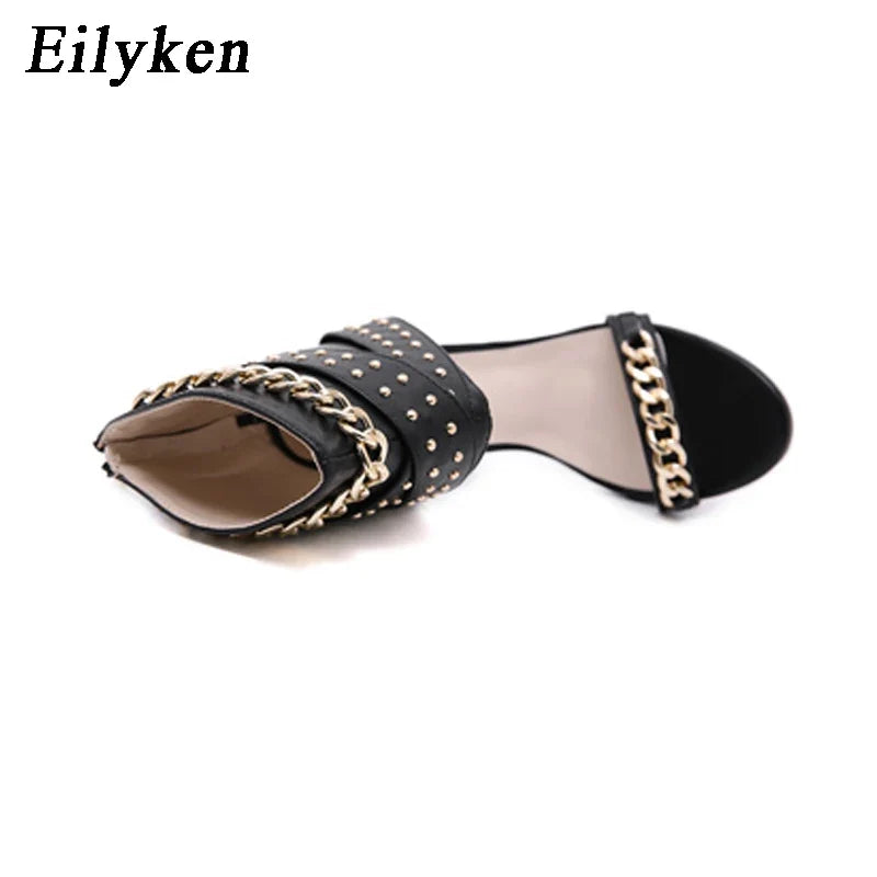Eilyken Gladiator Rivet Metal Decoration High Heel Sandals Women Hollow Out Cover Heel