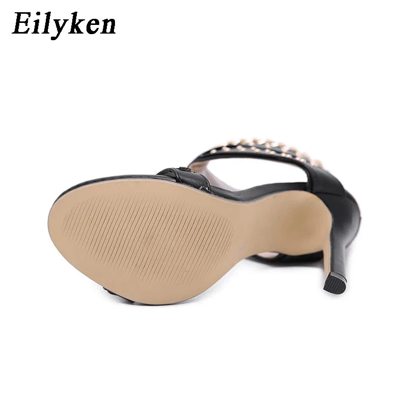 Eilyken Gladiator Rivet Metal Decoration High Heel Sandals Women Hollow Out Cover Heel