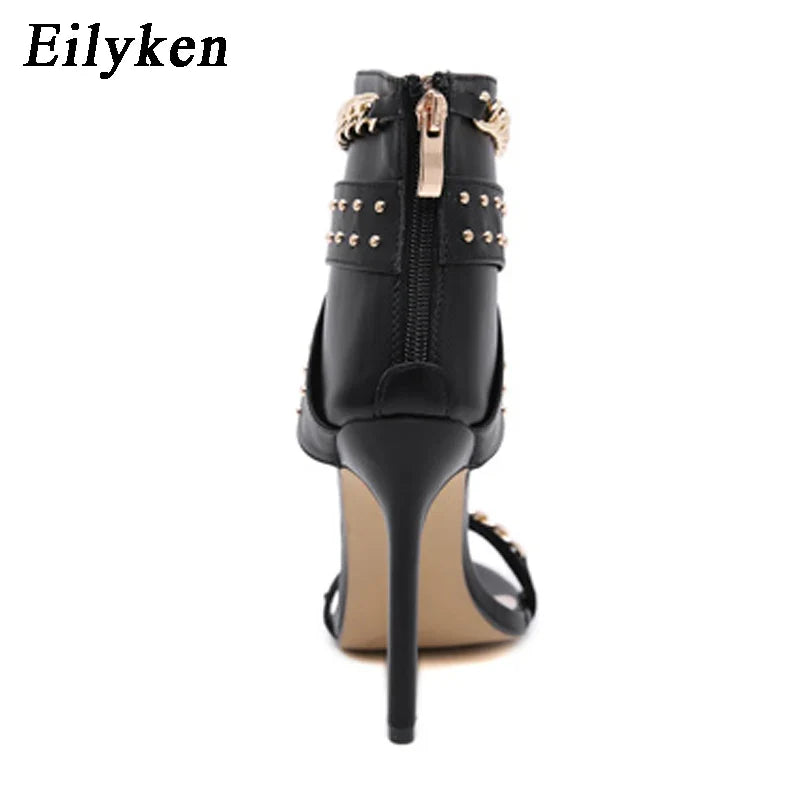 Eilyken Gladiator Rivet Metal Decoration High Heel Sandals Women Hollow Out Cover Heel