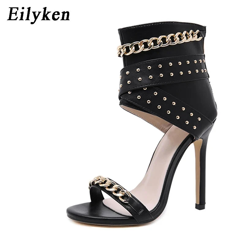 Eilyken Gladiator Rivet Metal Decoration High Heel Sandals Women Hollow Out Cover Heel