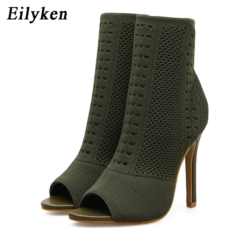 Eilyken Green Knitting Elastic Womens Sock Ankle Boots