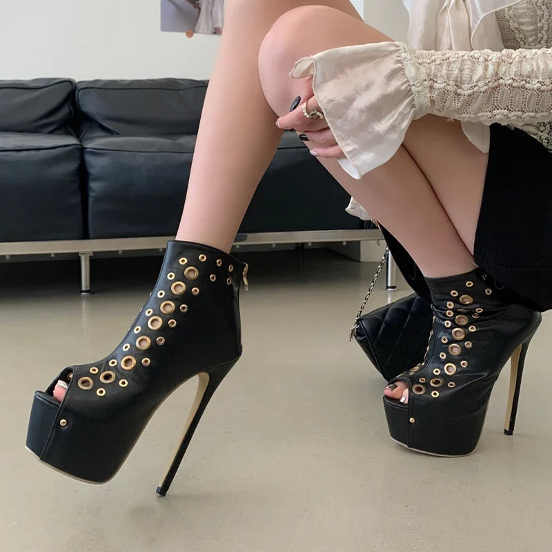 Eilyken Design Metal Hollow Hole Peep Toe Platform Women Sandals Sexy Stiletto High Heels Shoes