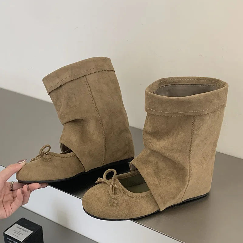 Eilyken Design Splicing Low Flat Heels Butterfly-knot Women Ankle Boots