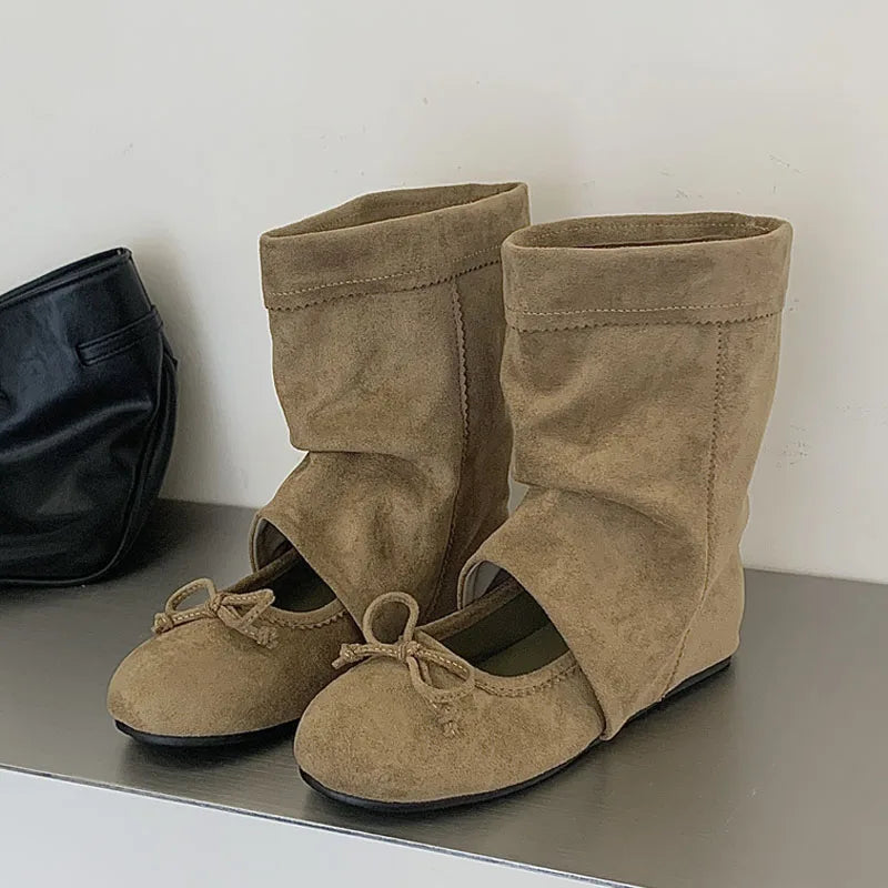 Eilyken Design Splicing Low Flat Heels Butterfly-knot Women Ankle Boots