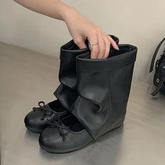Eilyken Design Splicing Low Flat Heels Butterfly-knot Women Ankle Boots