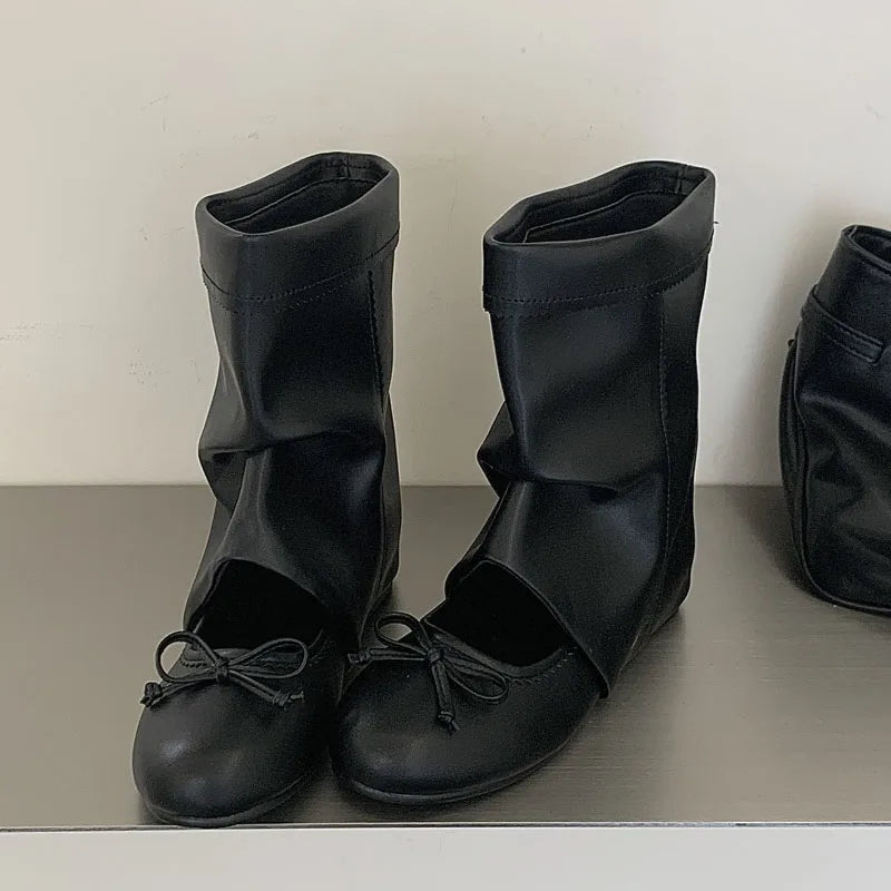 Eilyken Design Splicing Low Flat Heels Butterfly-knot Women Ankle Boots