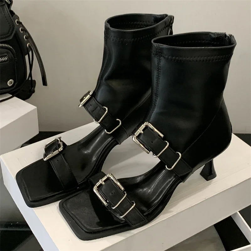 Eilyken Square Toe Zipper Women Ankle Boot Sandals Design Style Narrow Band Buckle Strap Thin Heels Shoes